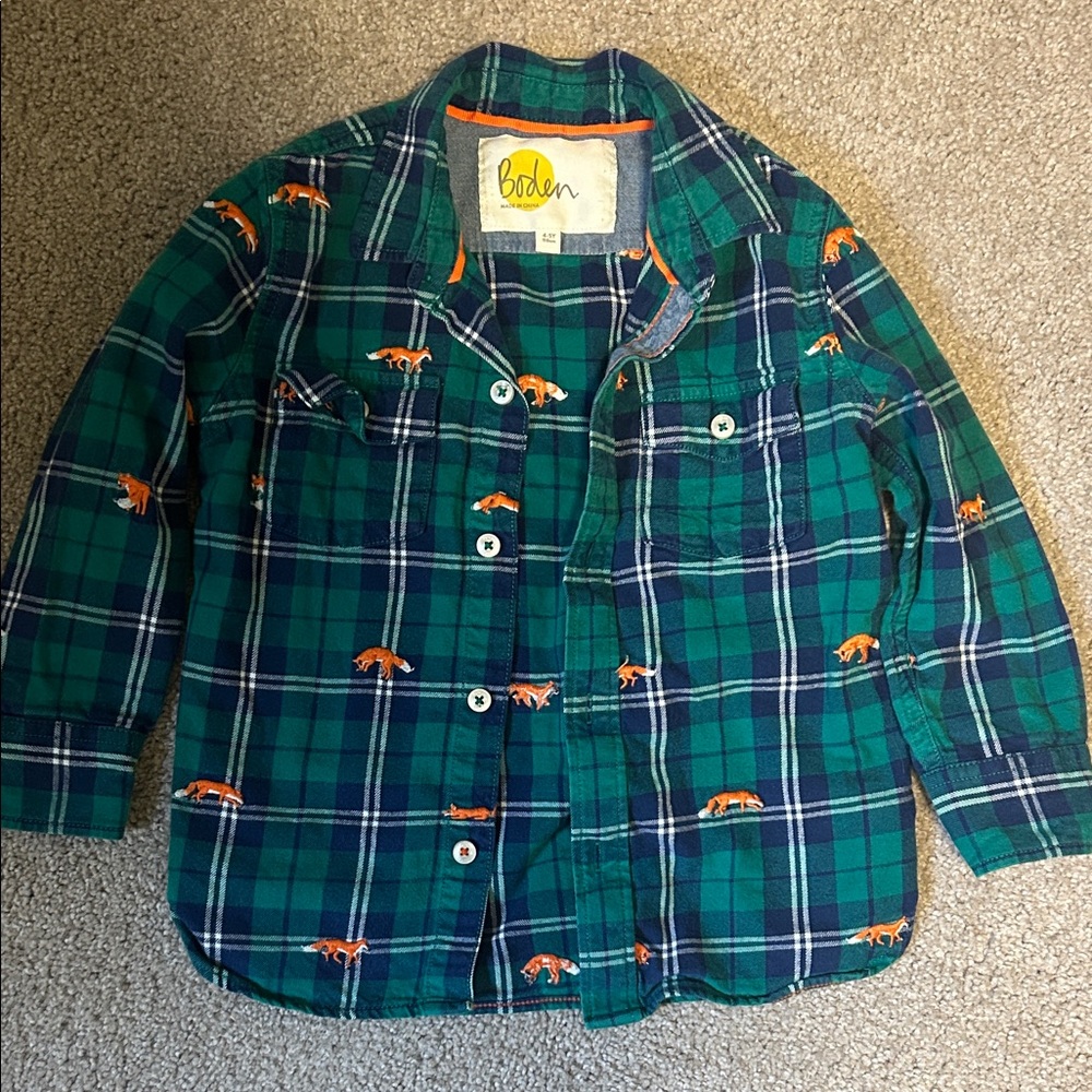 Boden Kids Plaid Shirt with Fox Accents